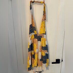 Patchwork Halter Dress - Yellow, Blue, White